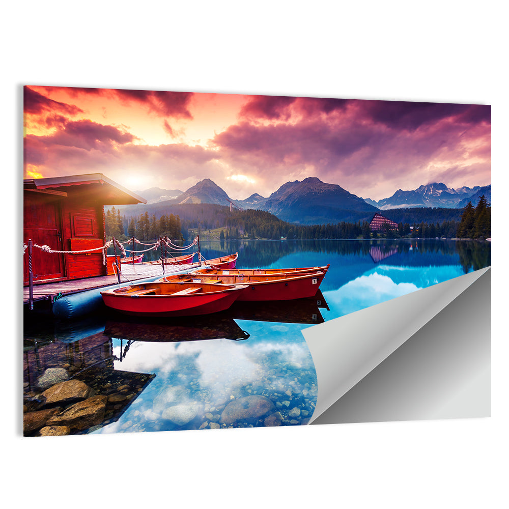 High Tatras Sunset Lake with Red Boats Wall Art