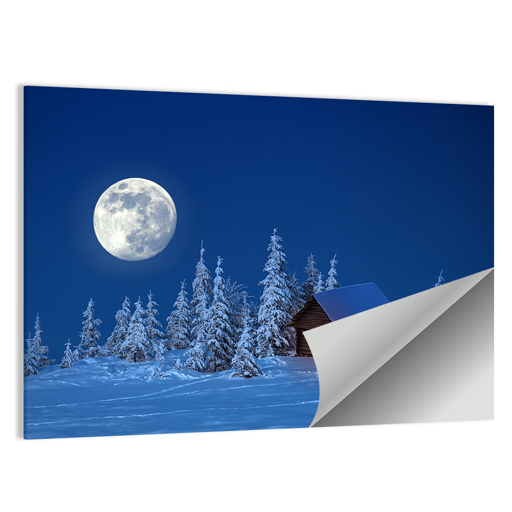 Moonlit Winter Cabin in Forest Wall Art