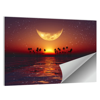 Golden Crescent Over Tropical Sunset Wall Art