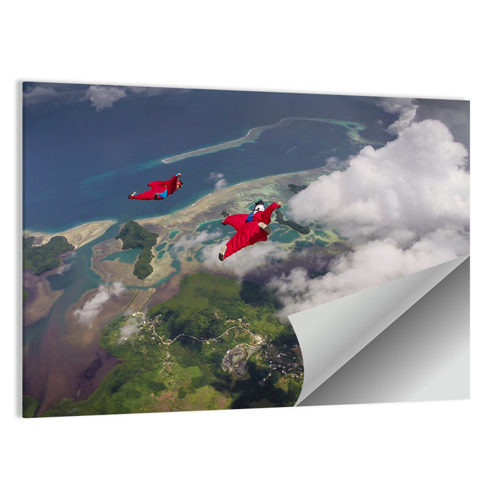Wingsuit Duo Over Palau Coast Wall Art as a poster print