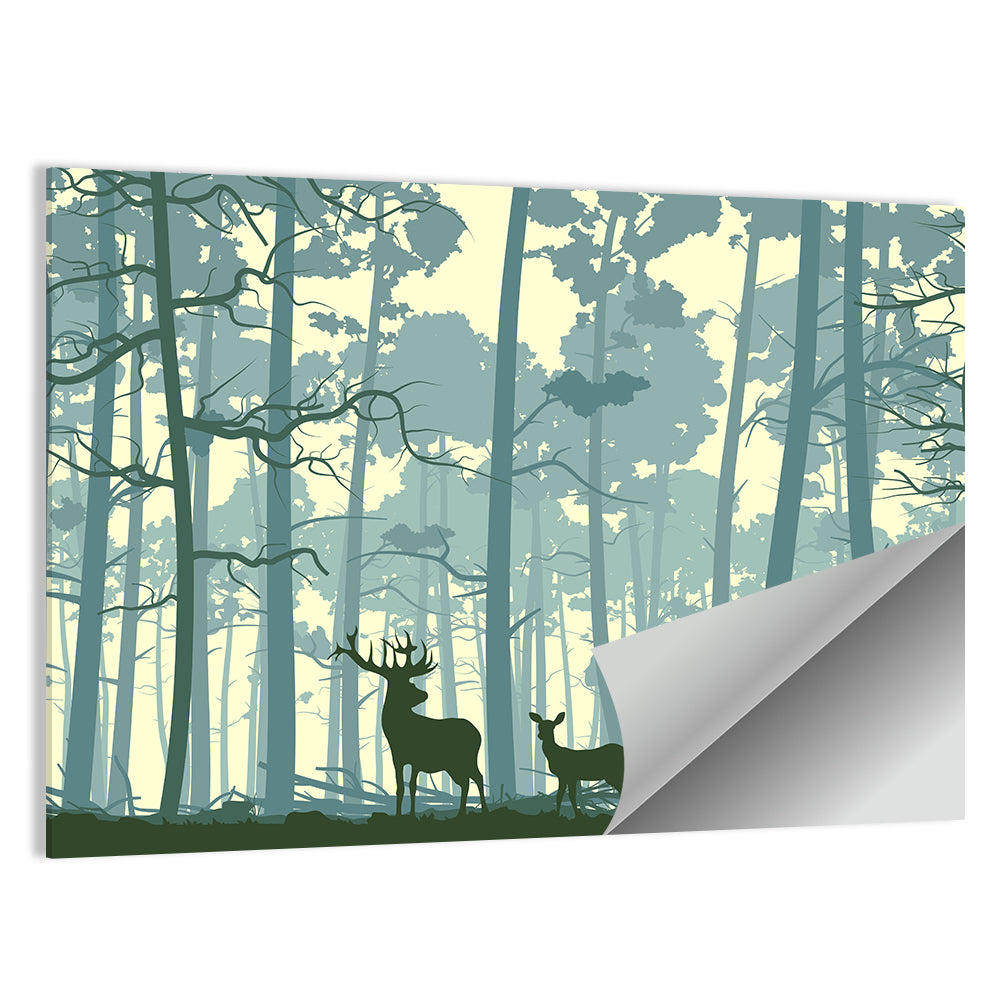 Deer Pair in Teal Forest Wall Art