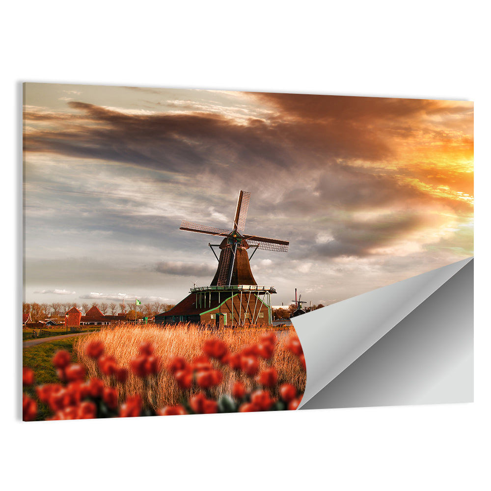 Dutch Windmill with Red Tulips Wall Art
