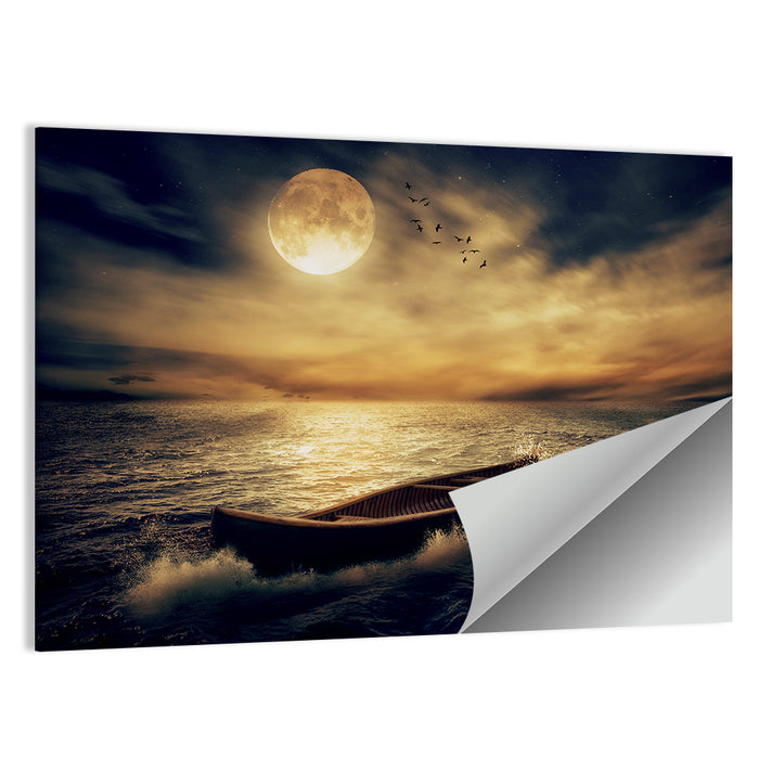 Moonlit Boat in Stormy Ocean Wall Art as a poster print