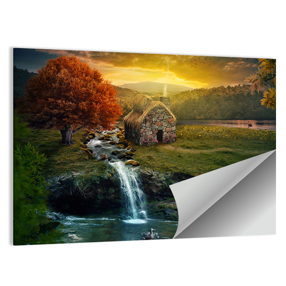 Thatched Cottage by Mountain Stream Wall Art