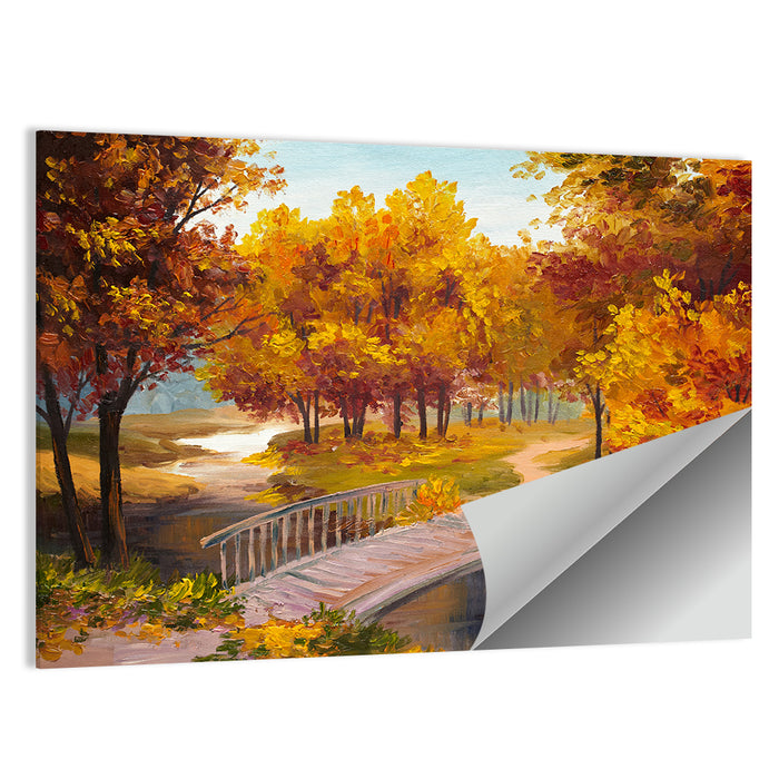 Autumn Footbridge in Golden Forest Wall Art as a poster print