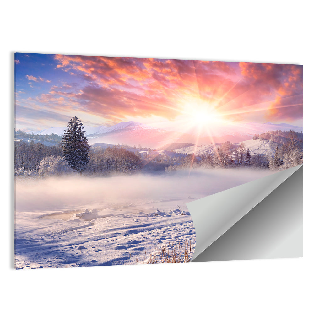 Sunrise Over Snowy Mountain Village Wall Art