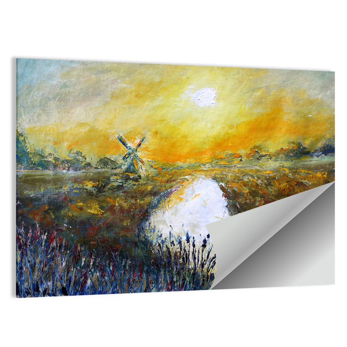 Windmill at Sunrise Over River Wall Art as a poster print