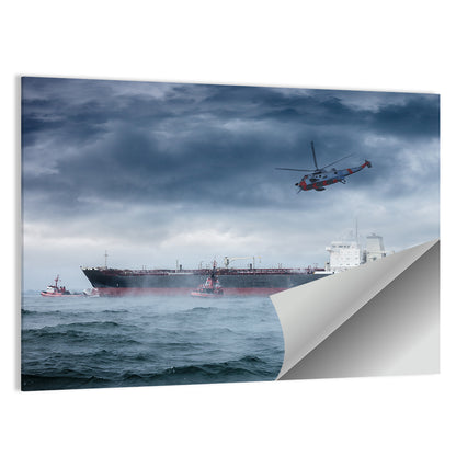 Rescue Helicopter Over Cargo Ship Wall Art