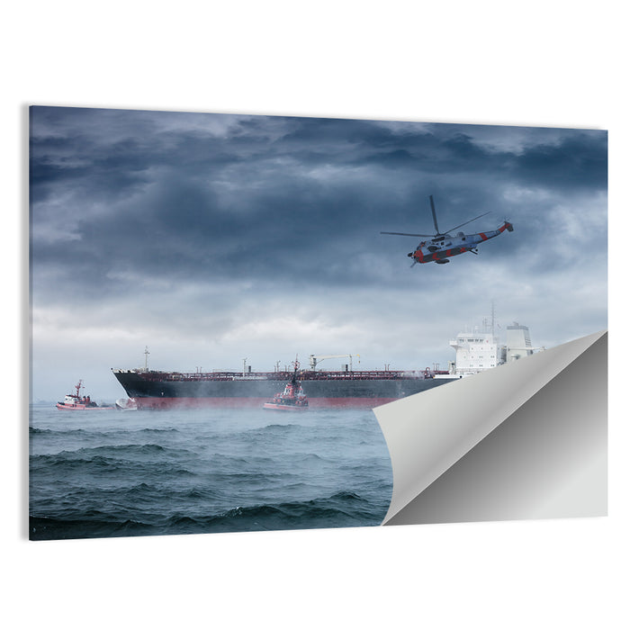 Rescue Helicopter Over Cargo Ship Wall Art as a poster print