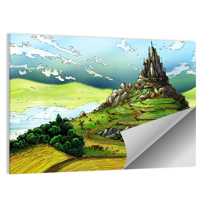 Hilltop Fairy Castle Illustration Wall Art as a poster print
