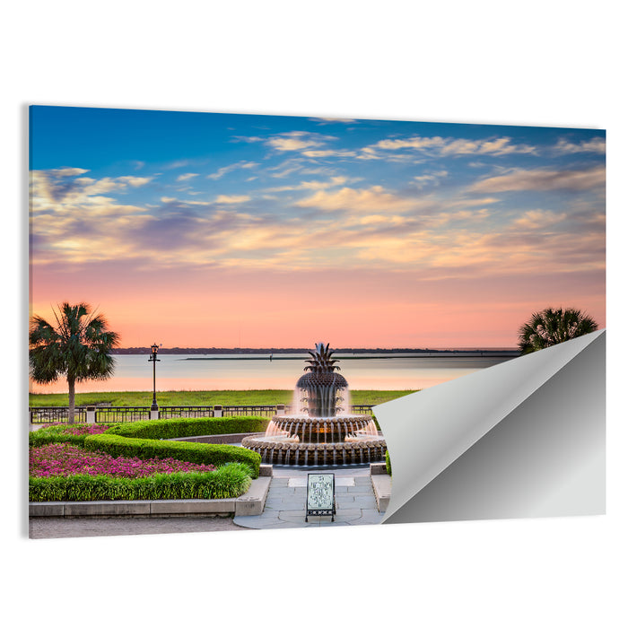 Charleston Pineapple Fountain at Sunset Wall Art as a poster print