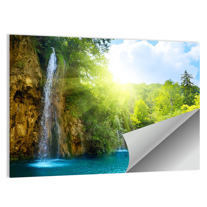 Forest Waterfall at Sunlit Lake Wall Art as a poster print