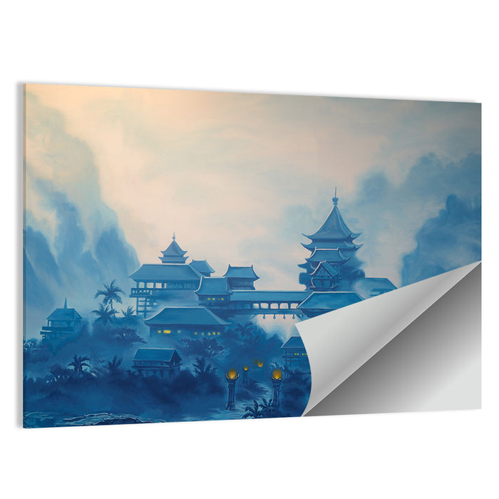 Misty Chinese Mountain Temple Wall Art as a poster print
