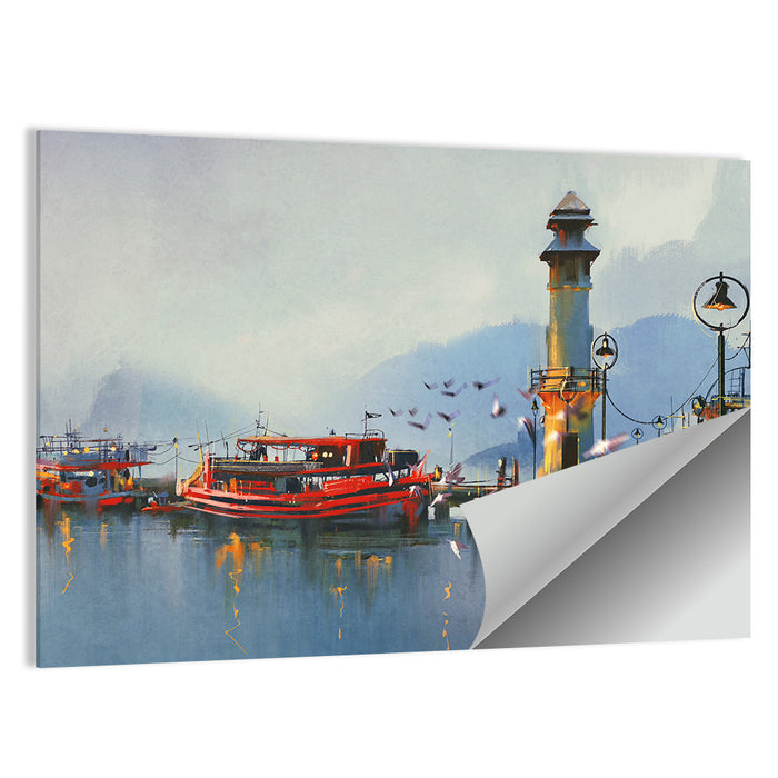 Fishing Boat at Misty Harbor Wall Art as a poster print