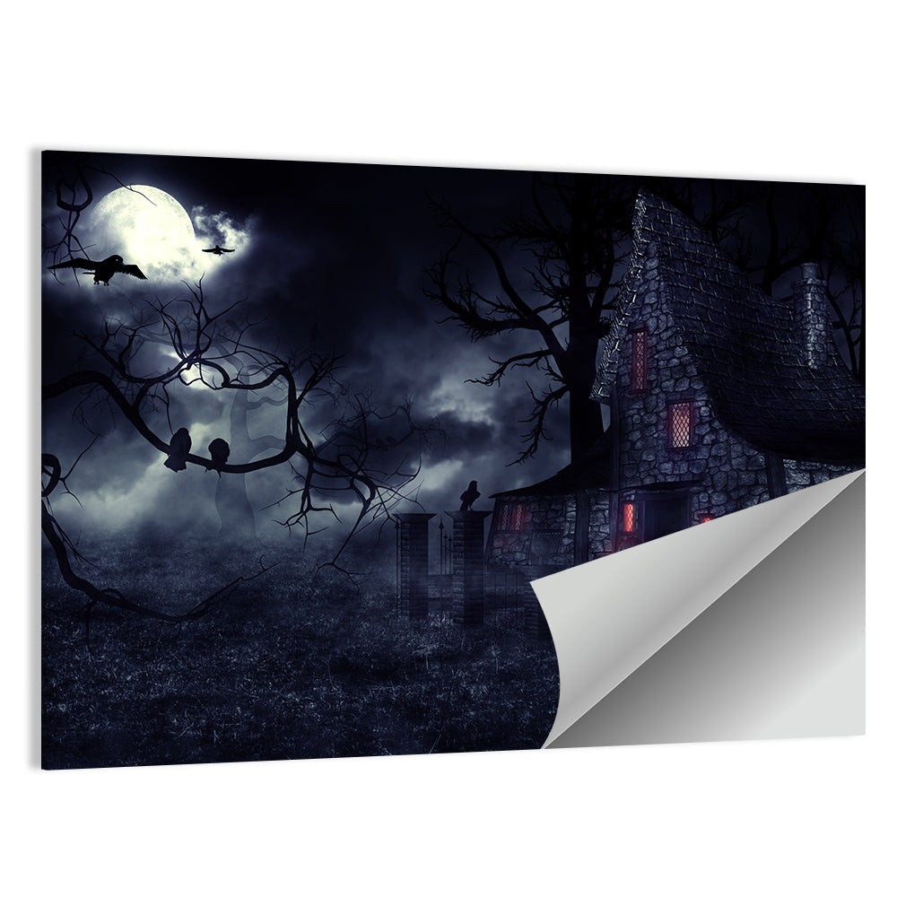 Haunted House Under Full Moon Wall Art