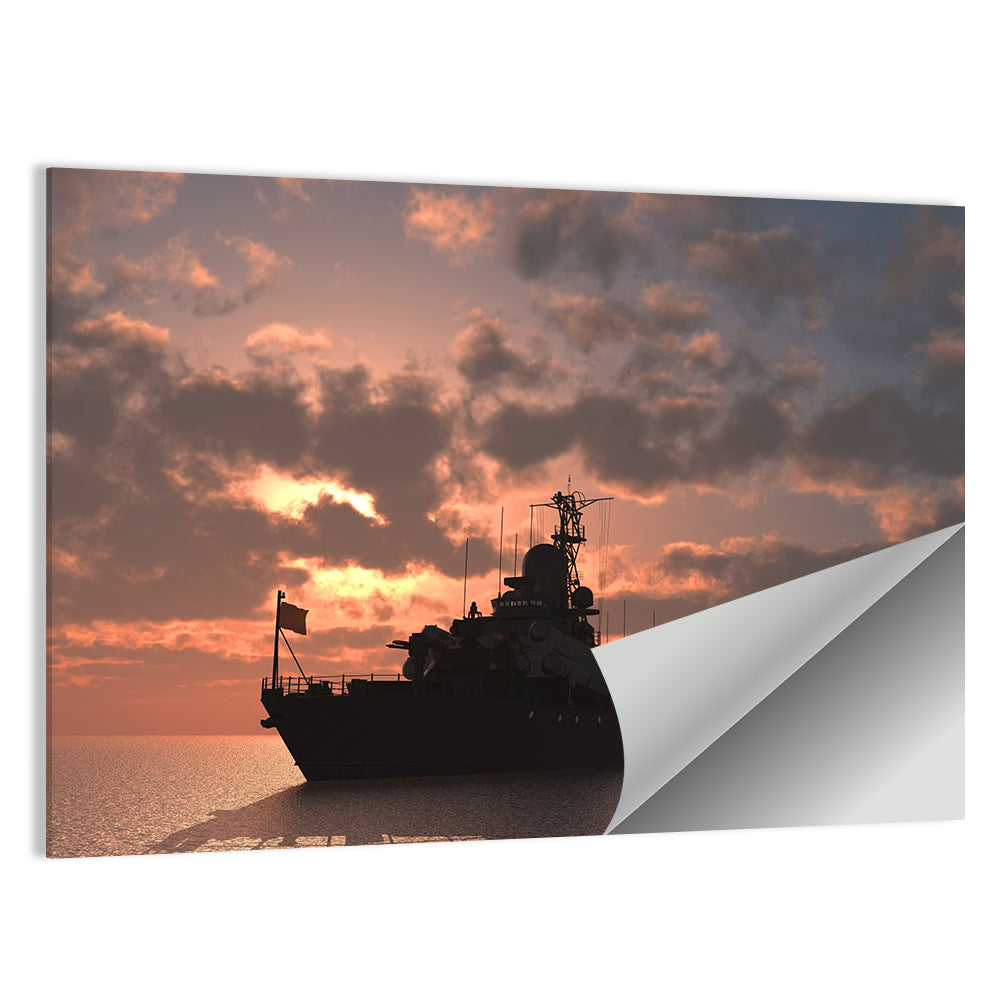 Warship Silhouette at Sunset Wall Art
