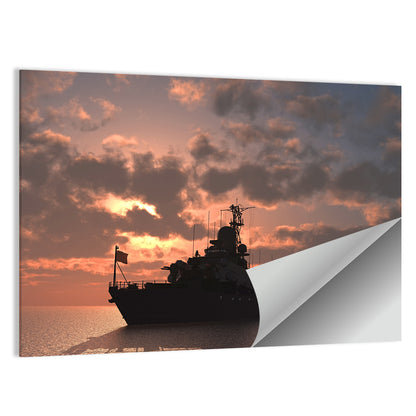 Warship Silhouette at Sunset Wall Art