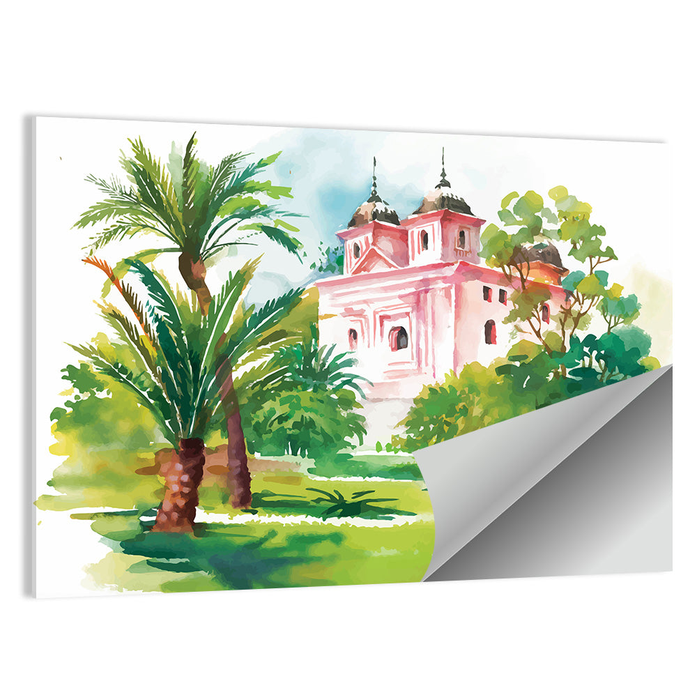 Pink House in Garden Illustration Wall Art