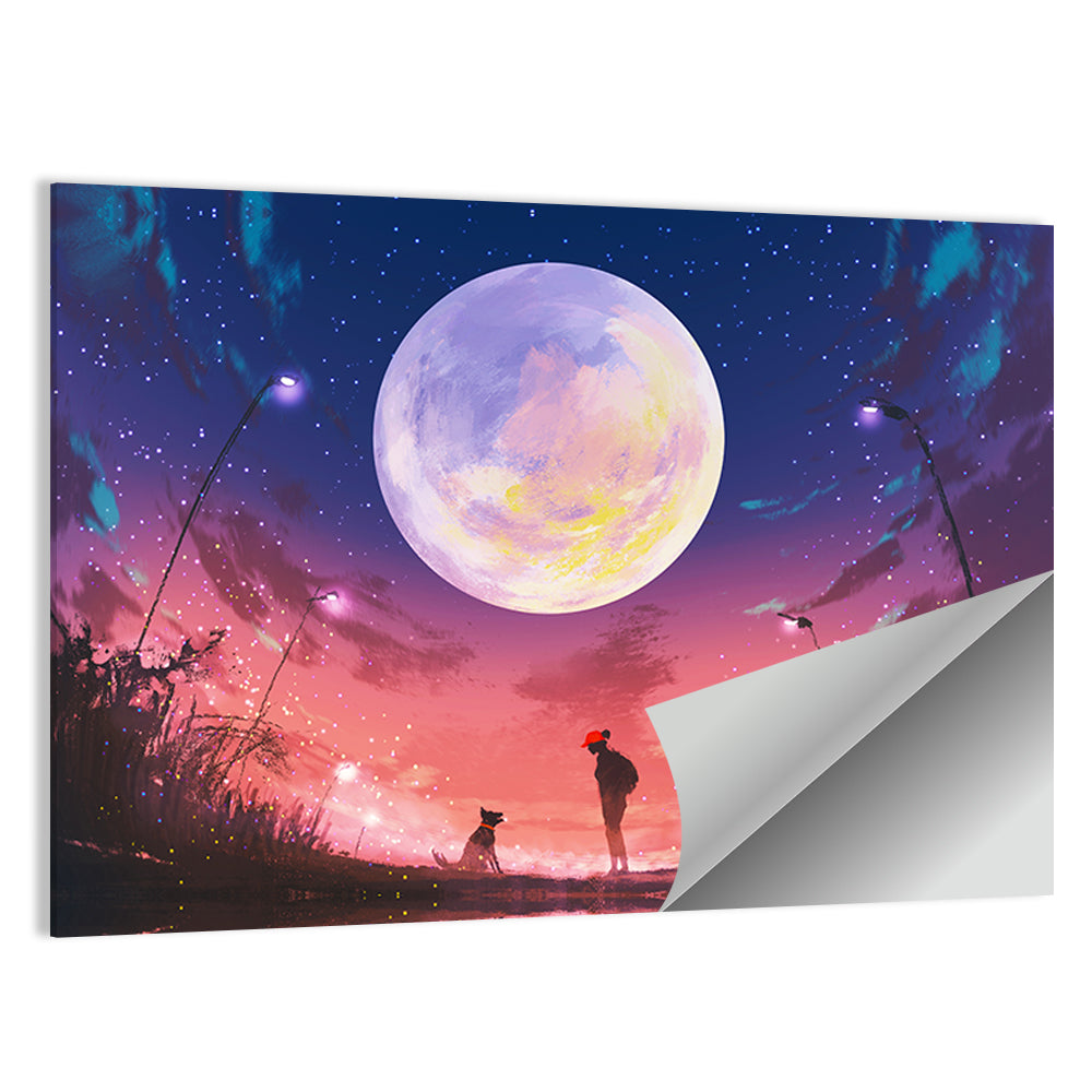 Woman and Dog Beneath Oversized Moon Wall Art