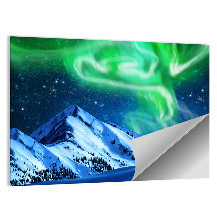 Glowing Aurora Over Snow Capped Mountains Wall Art as a poster print