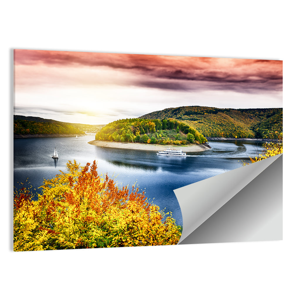 Autumn Sunset Over Lake with Boat Wall Art