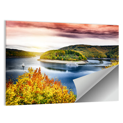 Autumn Sunset Over Lake with Boat Wall Art