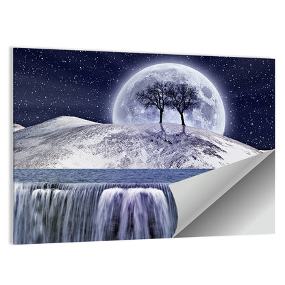 Moonlit Snowy Mountain Waterfall Wall Art