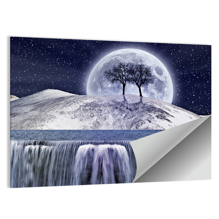 Moonlit Snowy Mountain Waterfall Wall Art as a poster print