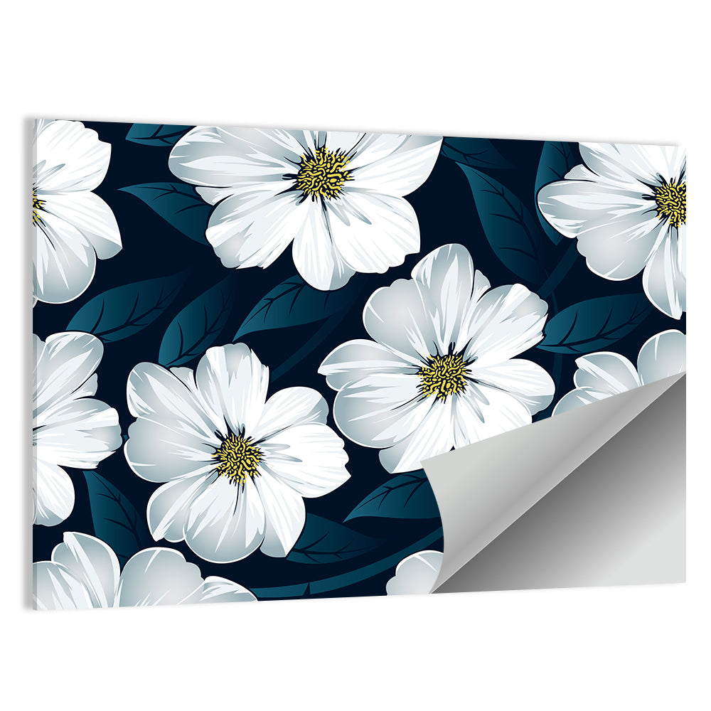 White Flowers on Navy Pattern Wall Art