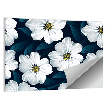 White Flowers on Navy Pattern Wall Art
