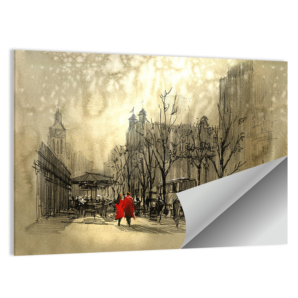 Couple in Red Coats on City Street Wall Art