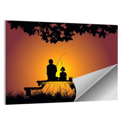 Dockside Sunset Fishing Silhouette Wall Art