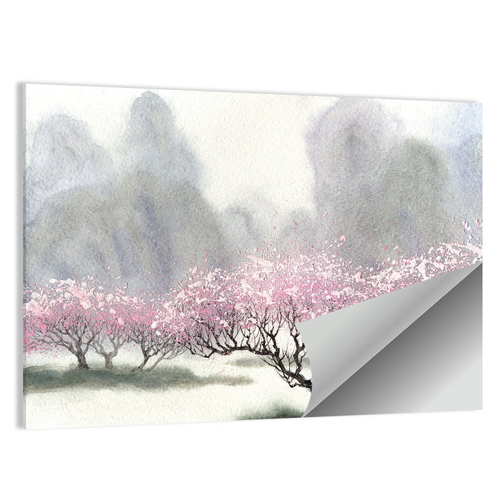 Cherry Blossom Orchard by the River Wall Art as a poster print