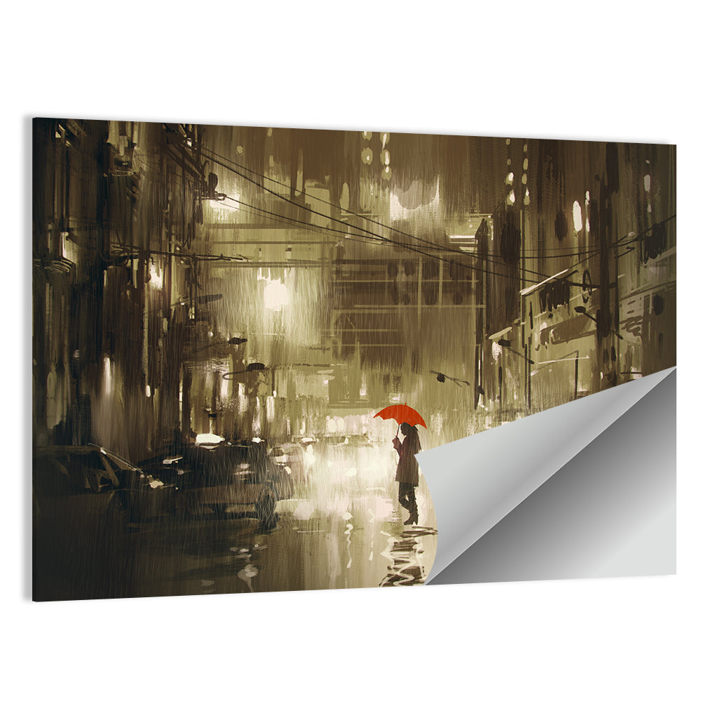 Red Umbrella on Rainy City Street Wall Art
