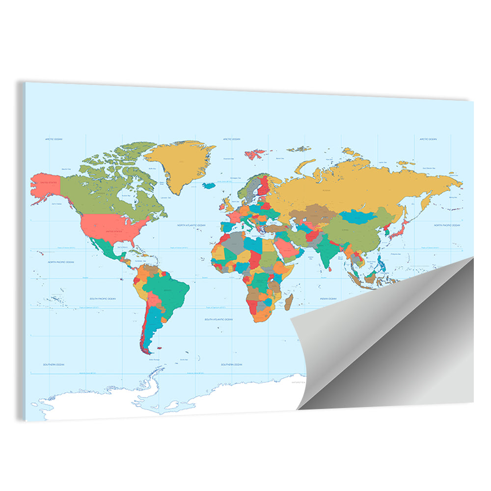 Colorful World Map with Grid Wall Art