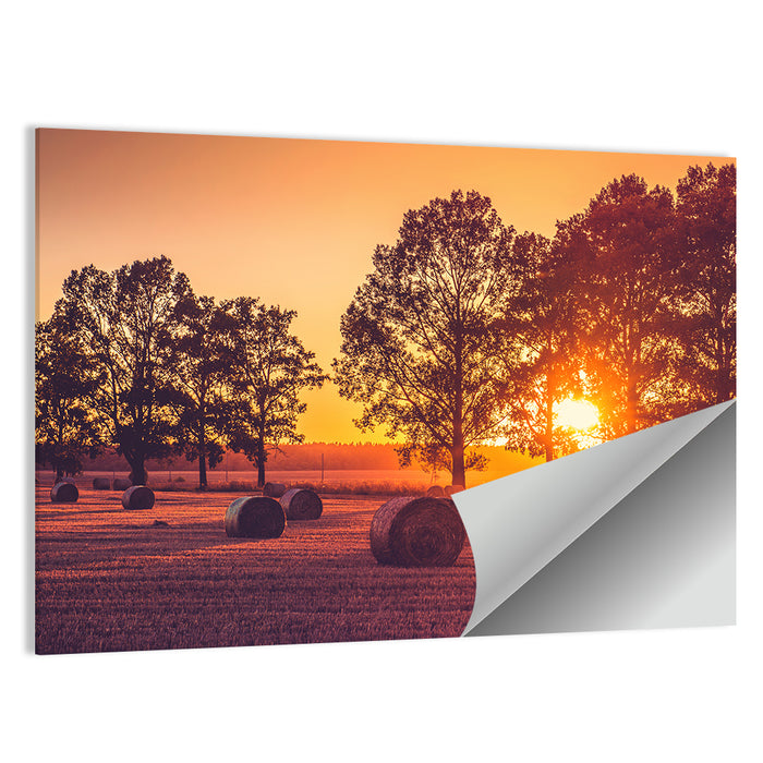 Sunset Over Hay Bales Wall Art as a poster print