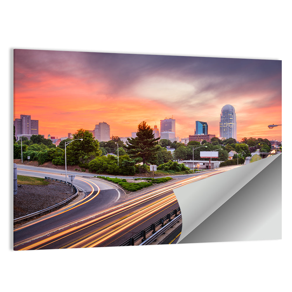 Winston-salem Dusk Skyline with Light Trails Wall Art