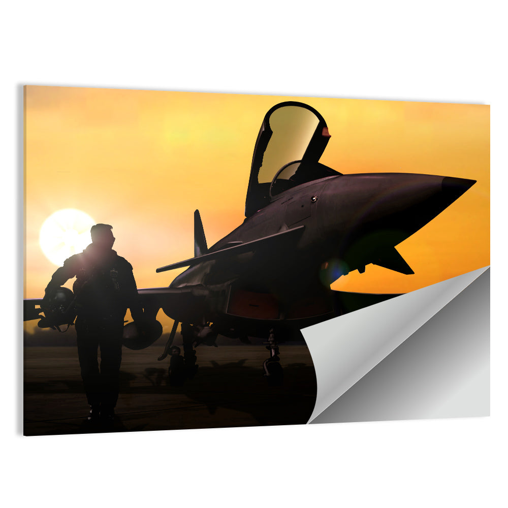 Pilot and Fighter Jet at Sunset Wall Art