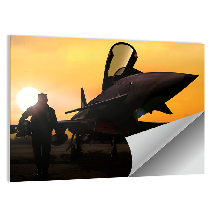 Pilot and Fighter Jet at Sunset Wall Art as a poster print