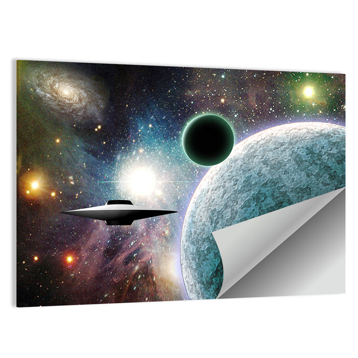Saucer Near Cratered Planet Wall Art as a poster print