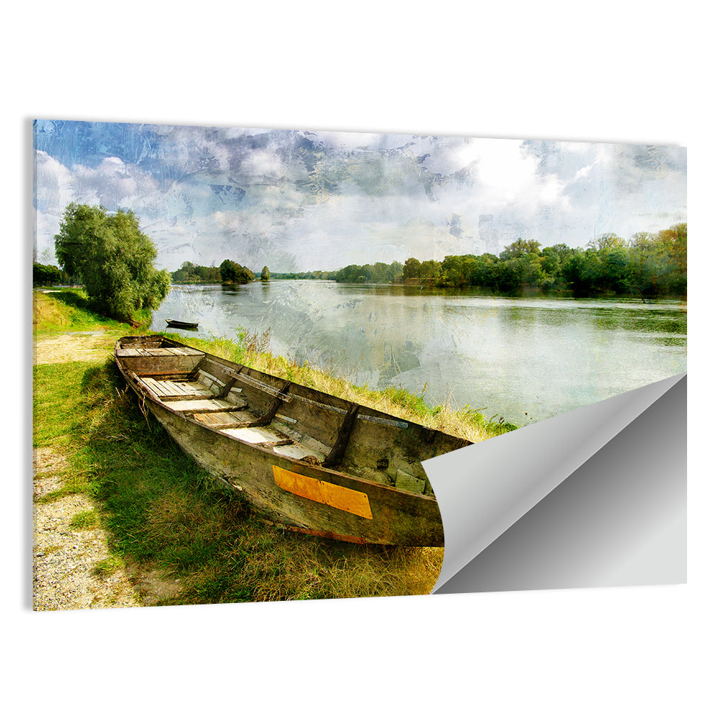 Weathered Wooden Boat on Riverbank Wall Art