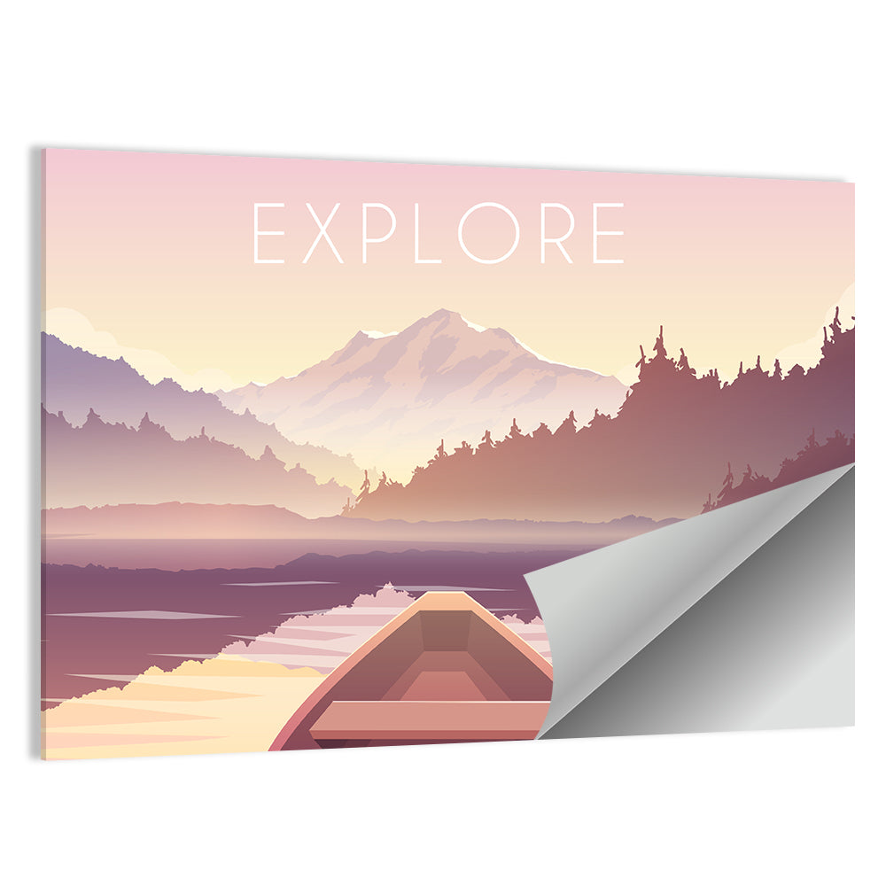 Explore Mountain Lake Sailing Illustration Wall Art