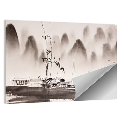 Misty Ink Wash Fishing Boats Wall Art