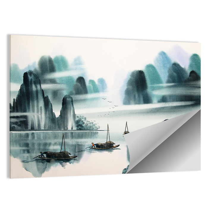 Misty Mountain Lake with Boats Wall Art as a poster print