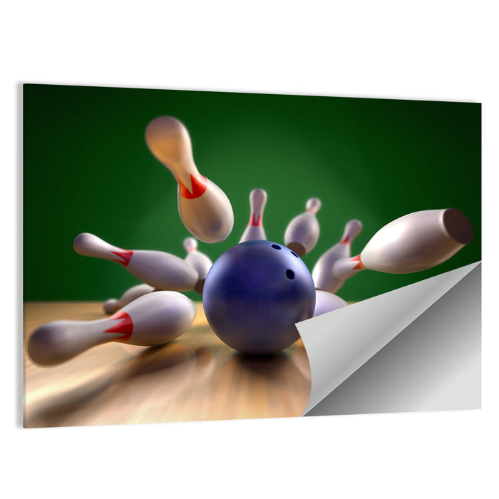 Blue Bowling Ball Hitting Pins Wall Art as a poster print