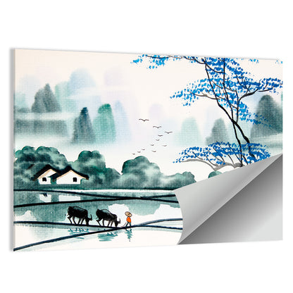 Blue Tree Over Rice Paddies Wall Art