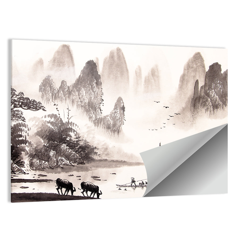 Misty Mountain Ink Wash Landscape Wall Art