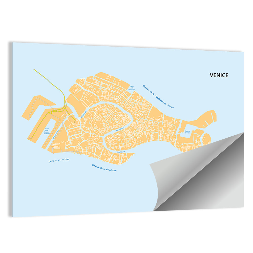 Venice Canal Map, Light Blue and Orange Wall Art