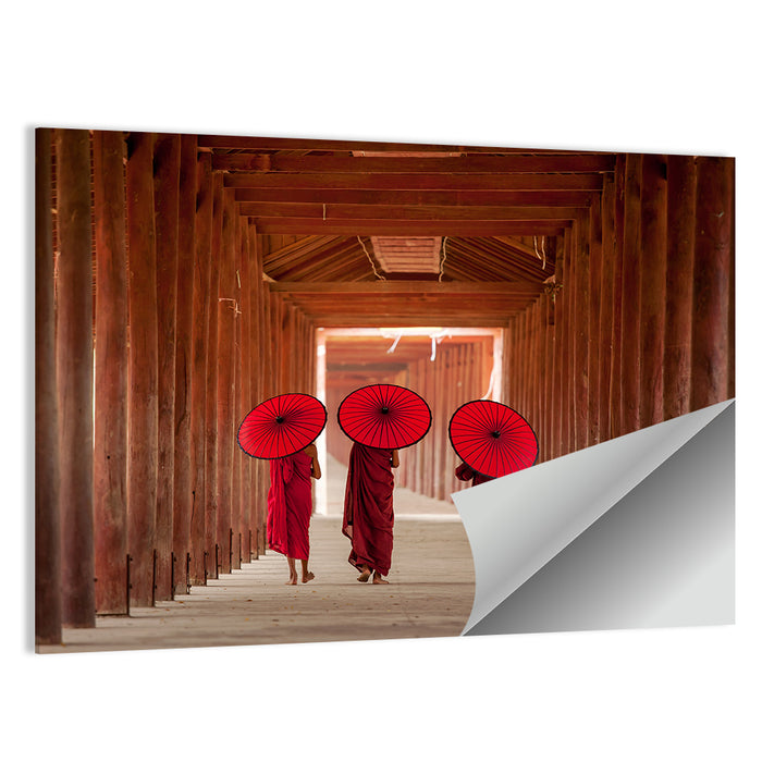Novice Monks with Red Umbrellas Wall Art as a poster print