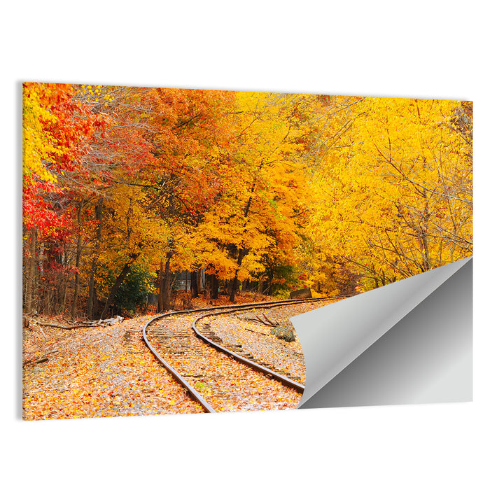 Curving Railroad Through Autumn Forest Wall Art as a poster print